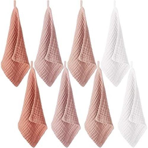 8 Pcs Baby Washcloths for Newborn 12 x 12 Inch Muslin Face Towels Cotton Absorbent for Delicate Skin Soft Muslin Cloth Reusable Baby Registry as Shower Gift, 4 Colors (Pink Color)