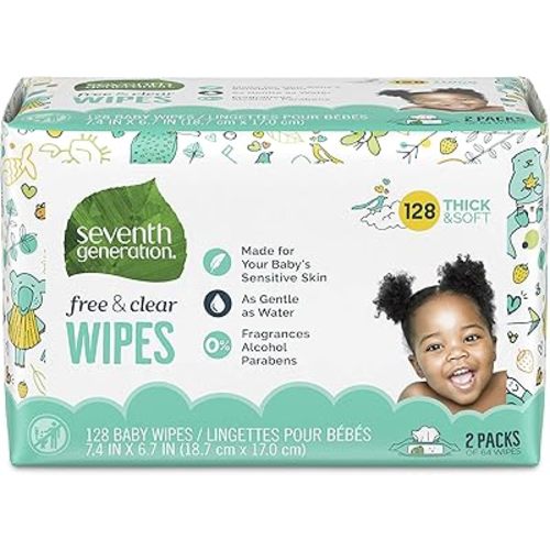 Seventh Generation, Baby Wipes, Unscented and Sensitive, 64 Count (Pack of 2)