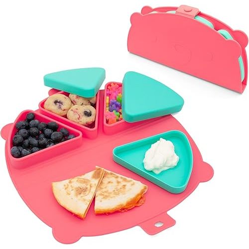 321 Grow Silicone On-The-Go Snack Mat – Foldable Reusable Placemat with 3 Compartments and Lids – Travel-Friendly Baby and Toddler Snack Plate – Dishwasher Safe (Watermelon)