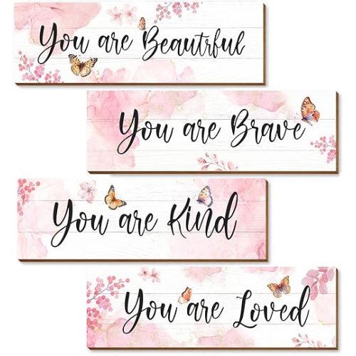 Vintage Classic Butterfly Sign Nursery Wall Decor Set of 4, 16x5 Pink Cute Saying Plaque Wall Art for Baby Girl Kid Teen Toddlers, 4 PCS Positive Wooden Quote Gift for Bedroom