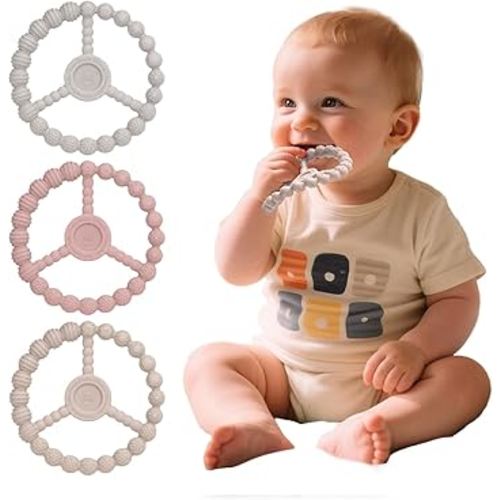 Teething Rings for Babies 0-6 Months, 3 Pack Silicone Teether Toys 6-12 Months, Freezable & Durable Chew Ring for 3-6 Months Boys Girls Teething Relief, Infant Essential Gifts (Sandy Rose Pink)