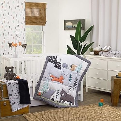 Carter's Woodland Friends Gray Multi Colored Bear and Fox, Squirrel, Tree, Tent, and Campfire 3 Piece Nursery Crib Bedding Set - Comforter, Fitted Crib Sheet, and Crib Skirt