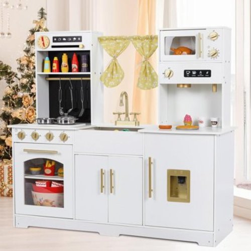 Pirecart Play Kitchen, Wooden Kids Kitchen Playset with Sound & Light, Sink, Microwave, Curtain and Utensils for Boys Girls Age 3-10, White