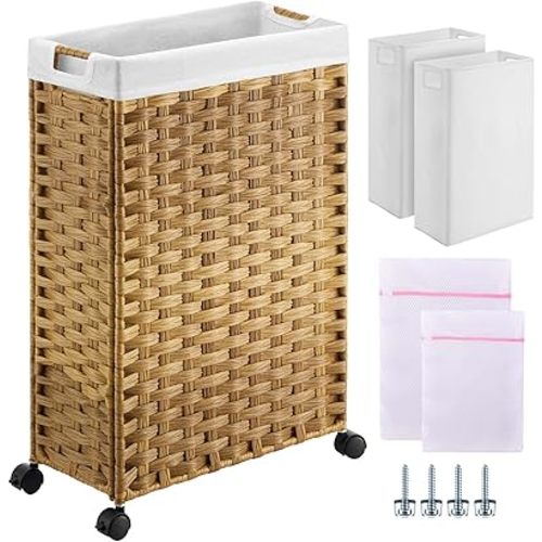 Greenstell Laundry Hamper with Wheels, 45L Slim Laundry Basket with 2 Removable Liner Bags & 2 Mesh Bags, Narrow Dirty Clothes Basket, Handwoven Rattan Organizer in Bathroom, Bedroom, Natural