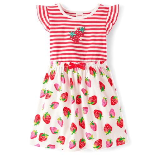Girls Embroidered Strawberry Flutter Dress - Little Essentials - White