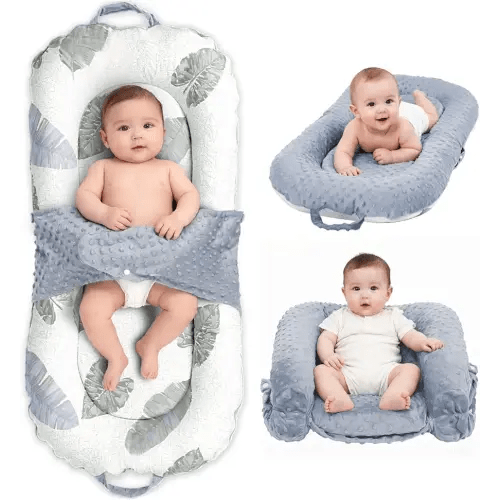 Baby Lounger, 3-in-1 Portable Infant Lounger for Newborns 0-24 Months, Foldable Tummy Time Pillow and Sitting Seat with Removable Cover, Dual-Sided 100% Cotton and Velvet, Ideal Baby Shower Gift