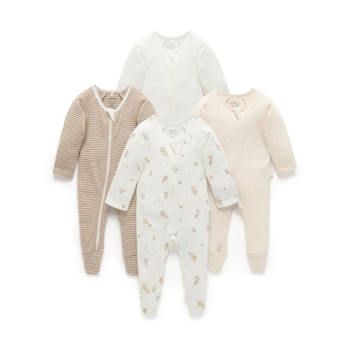 Beige Wattle Bee 4 Pack Zip Growsuit - Baby Growsuits - Purebaby - Purebaby