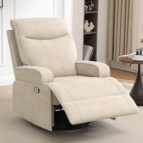 Nursery Glider Recliner Chair, Manual Swivel Rocker Recliner for Adults, Upholstered Glider Rocking Recliner with Comfortable Arms and High Back for Living Room Bedroom (Velvet, Beige)