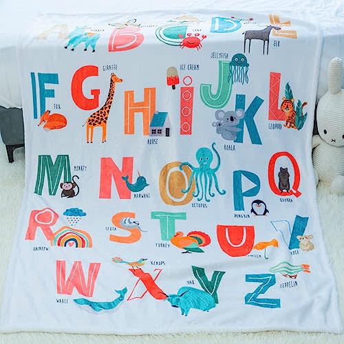 ABC Blanket Alphabet Throw Blanket Alphabets Printed Blankets Soft Flannel Throw White Cute Cartoon Animals Blanket Zoo Alphabet Gifts for Boys Girls (Animals, 50"x60")
