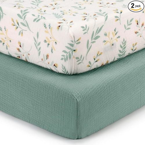 Blissful Diary Muslin Crib Sheets for Girl Boy, Boho Neutral Soft Cotton Baby Sheet for 52''x28'' Standard Crib Mattress, 2 Pack(Roman Green&Leaf)