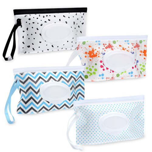 CAIDI 4Pcs Baby Wet Wipe Pouch, Portable Baby Wipes Case, Reusable Refillable Travel Wet Wipe Holder Bag