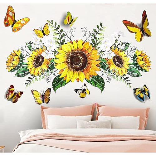 Sunflower Wall Stickers with 3D Butterfly Wall Sticker, Yellow Flowers Wall Decal,SPRT Waterproof and Removable, Sunflower Wall Stickers for Bedroom Living Room Bathroom Décor