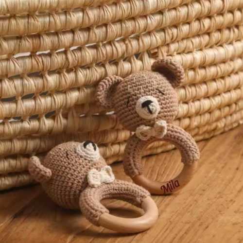 Personalized Animal Crochet Rattle,Custom Wooden Baby Rattle,Engraved Crochet Teeth Ring With Name For Baby,Baby Shower Gift,Newborn Gift