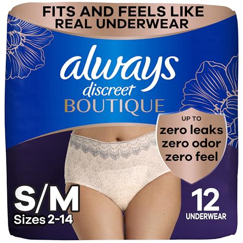 Always Discreet Boutique Adult Incontinence & Postpartum Underwear For Women, High-Rise, Size Small/Medium, Rosy, Maximum Absorbency, Disposable, 12 Count (Packaging May Vary)