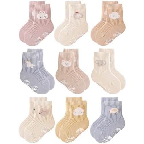 VWU Baby Toddler Socks with Grips Kids Girl Boy Crew Ankle Socks Cotton Anti Slip 0-6T 6/9 Pack