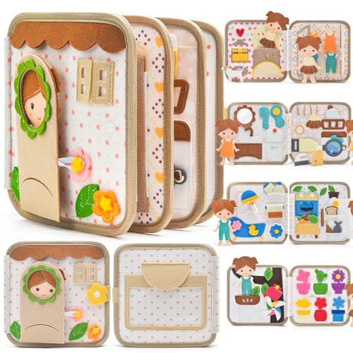 Montessori Busy Book for Toddlers 1-3, Felt Quiet Book & Busy Board for Preschool Learning, Fine Motor Skills, Sensory Play, Educational Travel Toy & Gift – Pretend Play for Girls, Brown