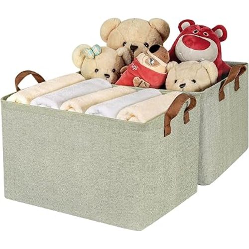 Storage Baskets for Shelves with Metal Frame2-Pack, 16.54"L x 12"W x 10.24"H, Unique Cotton Fabric Storage Bins, Closet Organization, Shelf Organizer Bins for Clothes, Toy, Nursery, Green