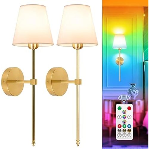 Adetu Battery Operated Wall Sconce Set of 2, 5CCT Gold Rechargeable Wall Lights with Remote, 10 RGB Dimmable Colors Wireless Battery Powered Wall Sconce Wall Lamp for Bedroom Living Room Wall Decor