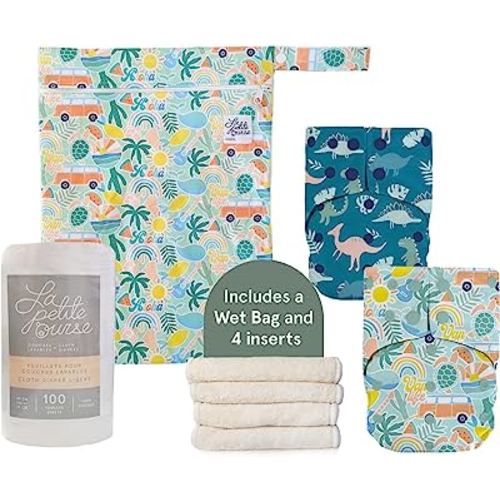 LA PETITE OURSE 2 One Size Snap Diapers with 4 Bamboo Inserts - Cloth Diapers for Babies - 100 Sheets (Diaper Liner Roll) + 1 Wet Dry Bag - for Babies Weighing 10–35 Pounds - Hippie