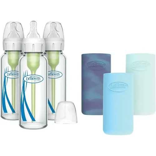 Dr. Brown's Anti-Colic Options+ Narrow Glass Baby Bottles with Silicone Sleeves, Blue, Glow, Mint, BPA-Free, 8 oz/250 mL, 0m+, 3-Pack