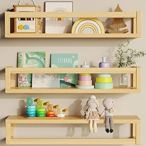 Floating Shelves for Wall, Nursery Book Shelves 4.72 inches Wide Set of 3, Wall Mounted Bookshelf for Kids Room Decor, Floating Shelves for Kitchen Spice Rack(Natural Wood)