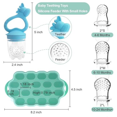 Baby Fruit Food Feeder Breastmilk Popsicle Molds for Teething Relief, Introduce New Foods, Silicone Freezer Tray with Lid, Includes 6 Food Pacifiers Blue & Cyan - Blue & Green