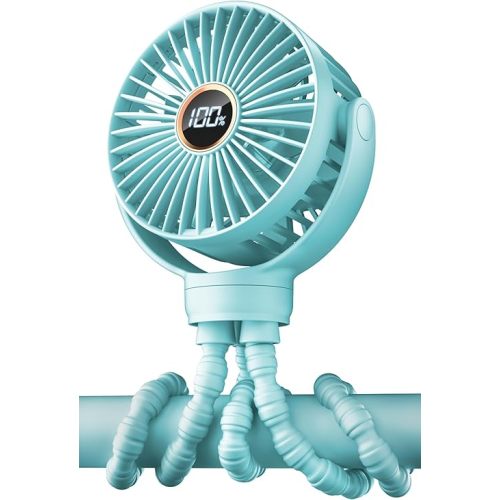 KIDEE Portable Stroller Fan, Personal Baby Fan Battery Operated, LED Display, Small Clip on Fans USB Rechargeable, Mini Desk Fans for Outdoor Travel Car Seat