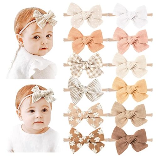 Niceye Baby Girl Bows and Headbands, 12 Packs of Stretchy Nylon Hairbands Hair Bows for Newborns, Infants, Toddlers - Handmade Baby Hair Accessories for Girls - Red