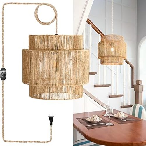 Jute Hanging Lamp Plug in, Natural Wicker Pendant Light with 3-Way Dimmable Switch, Hanging Ceiling Light Fixture (No Bulb Included)
