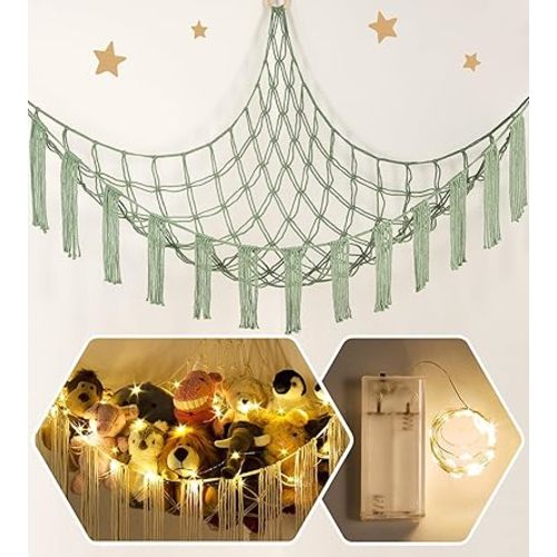 Stuffed Animal Hammock Corner Storage with LED Light - Plush Hammock Large Plushie Net - Stuffed Animal Holder Hanging Organizer - Teddy Bear Hammocks Room Decorations