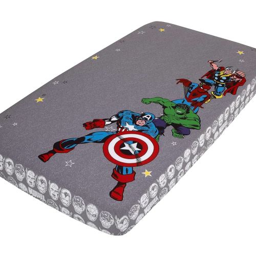 Marvel Comics Grey, White, Red, and Blue, Captain America, Hulk, Spiderman and Thor Photo Op Fitted Crib Sheet