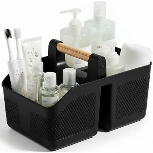 rejomiik Shower Caddy Portable with Bamboo Handle, Plastic Basket Cleaning Caddy Organizer Storage Tote for Bathroom, College, Dorm Room Essentials, Black