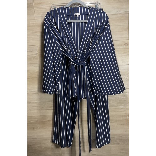 LAKE Pajama Kimono Style Wrap Top & Pants Blue & White Stripe 3/4 Sleeve Size L