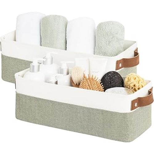 StorageWorks Narrow Storage Bins, Small Basket for Closet and Shelves, Fabric Organizer with Handles, Toilet Paper Storage, Green and White, 2-Pack