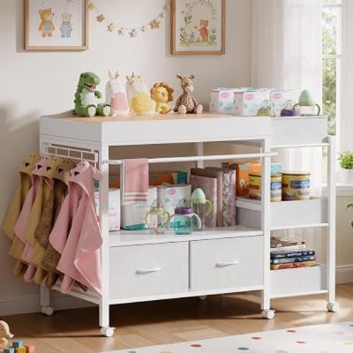 Baby Changing Table with Storage, Rolling Diaper Changing Station with 2 Fabric Drawers, 3 Diaper Caddy Bin, Hanging Bar and Locking Wheels, White