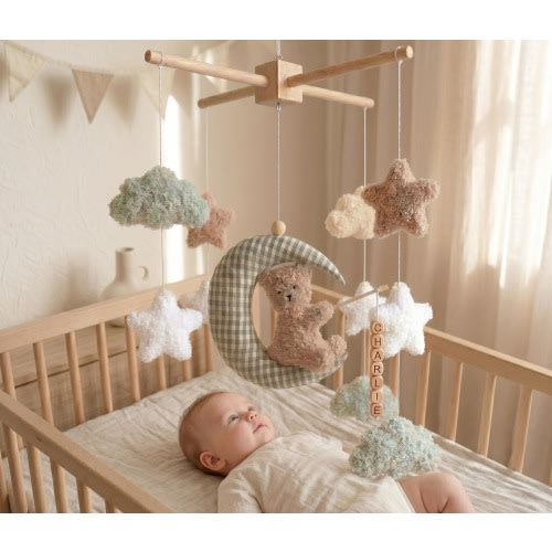 Personalized Baby Mobile, Moon Star Crib Mobile, Handmade Nursery Mobile, Bear Cloud Baby Mobile, Sage Green Nursery Decor, Baby Shower Gift