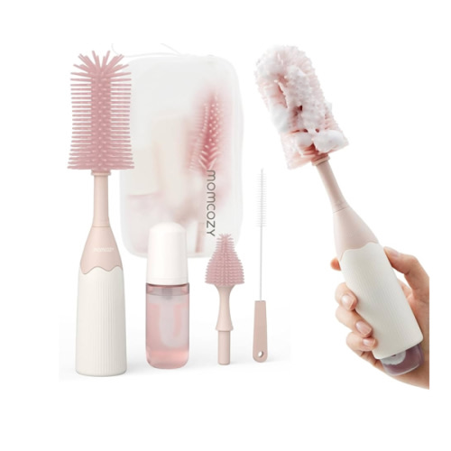 Momcozy Bottle Brush Kit, Innovative Push-Press Design for Better Cleaning - Baby Bottle Cleaner Brush for Baby Bottle, Breast Pumps, Nipples, and More - Can Generate Foam for Better Cleaning, Green