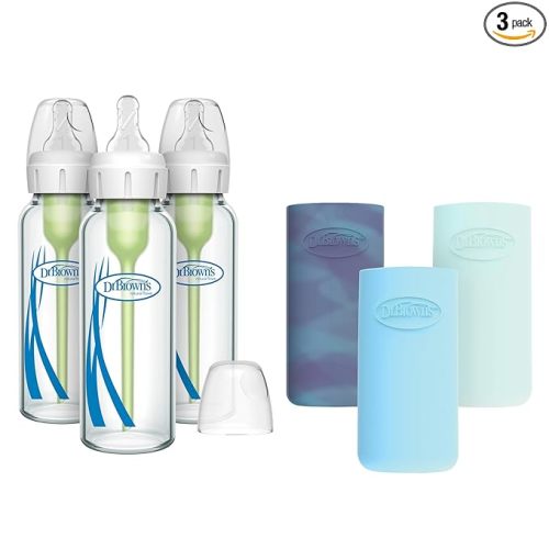 Dr. Brown's Anti-Colic Options+ Narrow Glass Baby Bottles with Silicone Sleeves, Blue, Glow, Mint, BPA-Free, 8 oz/250 mL, 0m+, 3-Pack