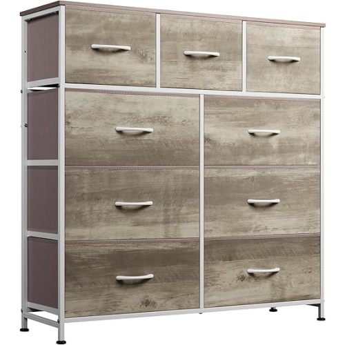 WLIVE 9-Drawer Dresser, Fabric Storage Tower for Bedroom, Hallway, Nursery, Closet, Tall Chest Organizer Unit with Fabric Bins, Steel Frame, Wood Top, Easy Pull Handle, Greige