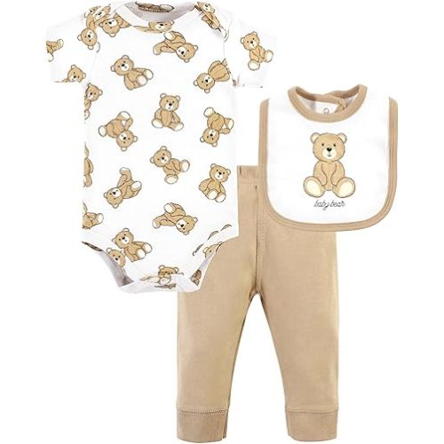 Hudson Baby Unisex Baby Cotton Bodysuit, Pant and Bib Set, Teddy Bears, 3-6 Months