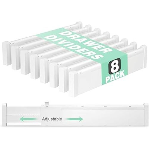 Drawer Dividers 8 Pack, 2.36" High, 12.6-22.8'' Adjustable Drawer Organizers for Utensils, Clothes, Expandable Plastic Dresser Drawers Separators in Kitchen, Bedroom, Bathroom, Office Storage