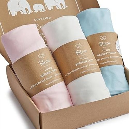 Bassinet Fitted Sheets for 4moms Mamaroo Sleep Bassinet - Fits 18 x 30 Inch Oval Bassinet Mattress - Buttery Soft, Premium Stretchy Jersey Knit Sheets - Sky + Pale Pink + Cloud, 3 Pack