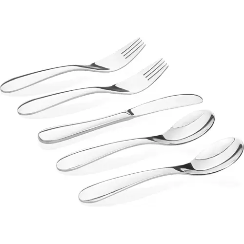 Kids Stainless Steel Utensil Set, Education Series, High Grade Stainless 304 (18/8), Set of 5 (2 Spoons, 2 Forks, and 1 Butter Knife) Silverware for Montessori Toddler and Kids.