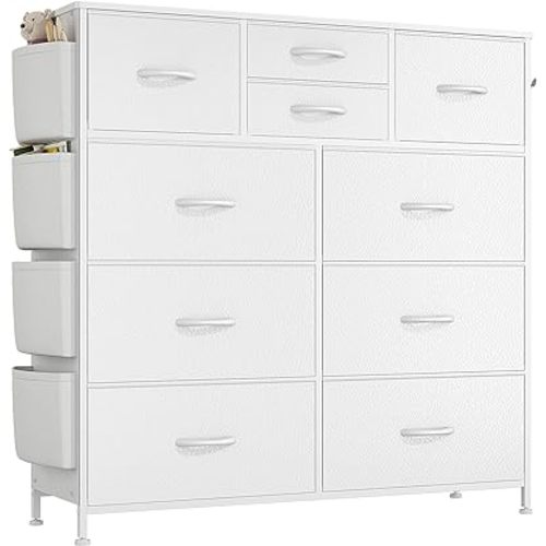 White Dresser for Bedroom, Bedroom Dressers & Chests of Drawer, White Closet Fabric Dressers, 10 Drawers Dresser w/Side Pockets, Hooks, Dresser Storage Organizer for Hallway, Entryway, Kids Room