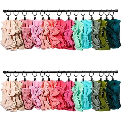 Ferraycle Wall Hanging Bow Holder with Hooks Hair Bow Holder Organizer for Girls Hanger Headband Storage Organizer Include Metal 16 to 23.6 Inch Rods Wall Hooks(Black,46 Pcs)