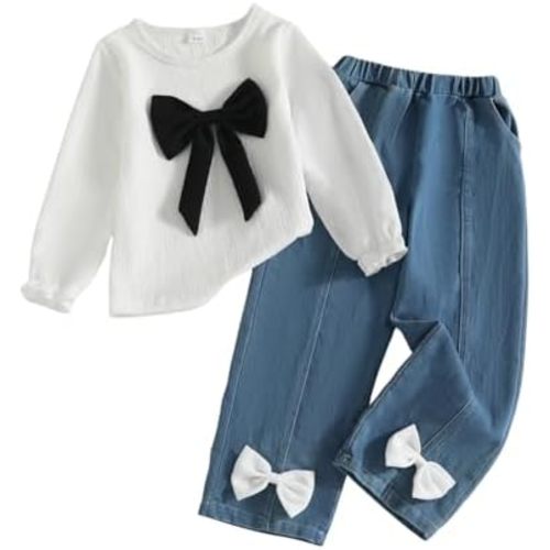 Kid Girl 2pcs Clothes Spring Summer Outfits Cute Sweet Bowknot Long Sleeve Bowknot Top + Denim Pants Set