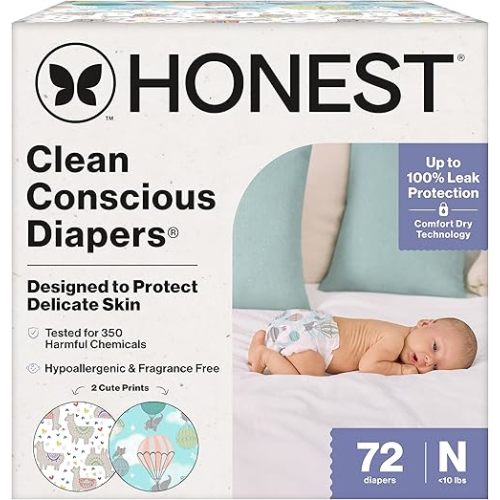 The Honest Company Clean Conscious Diapers for Sensitive Skin | Up to 100% Leakproof | Hypoallergenic, Fragrance Free | Gender Neutral | Club Box, Size Newborn, 72 Count (Prints May Vary)