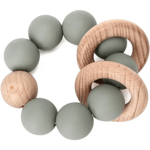 Socub Baby Teething Toy, Organic Baby Teething Ring, Silicone & Beech Baby Rattle Teether for baby 3+ Months, BPA Free, Sage