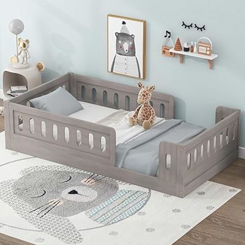 Floor Bed with Fence, Wood Twin Size Platform Bed with Guardrail, Wood Floor Bed Frame for Teens, Natural