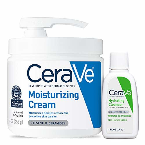 CeraVe Moisturizing Cream Combo Pack, Contains 16 Ounce with Pump & 1 Ounce Hydrating Facial Cleanser, Dry Skin Relief
